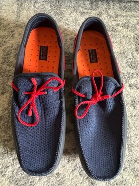 Men’s Swims Navy Mesh Boat Shoes with Red Laces and Orange Insoles
